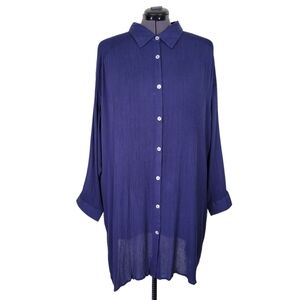 Roamans Crepe Dress Size 26W Blue Button Front Dolman Roll Tab Sleeve Rayon New